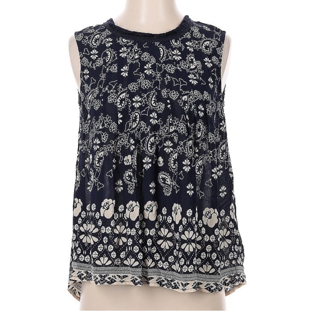 Sea New York Navy Blue White Cream Floral Keyhole Button Back Tank Top Size 4